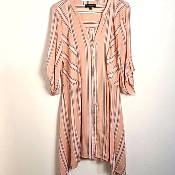 Fred David Buttondown Pink Bohemian Dress w/ Stripes, Longer on Sides, S… - Picture 1 of 9